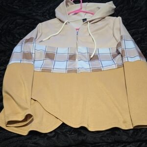 Beige and Mustard Zip-Up Hoodie with Plaid Accent